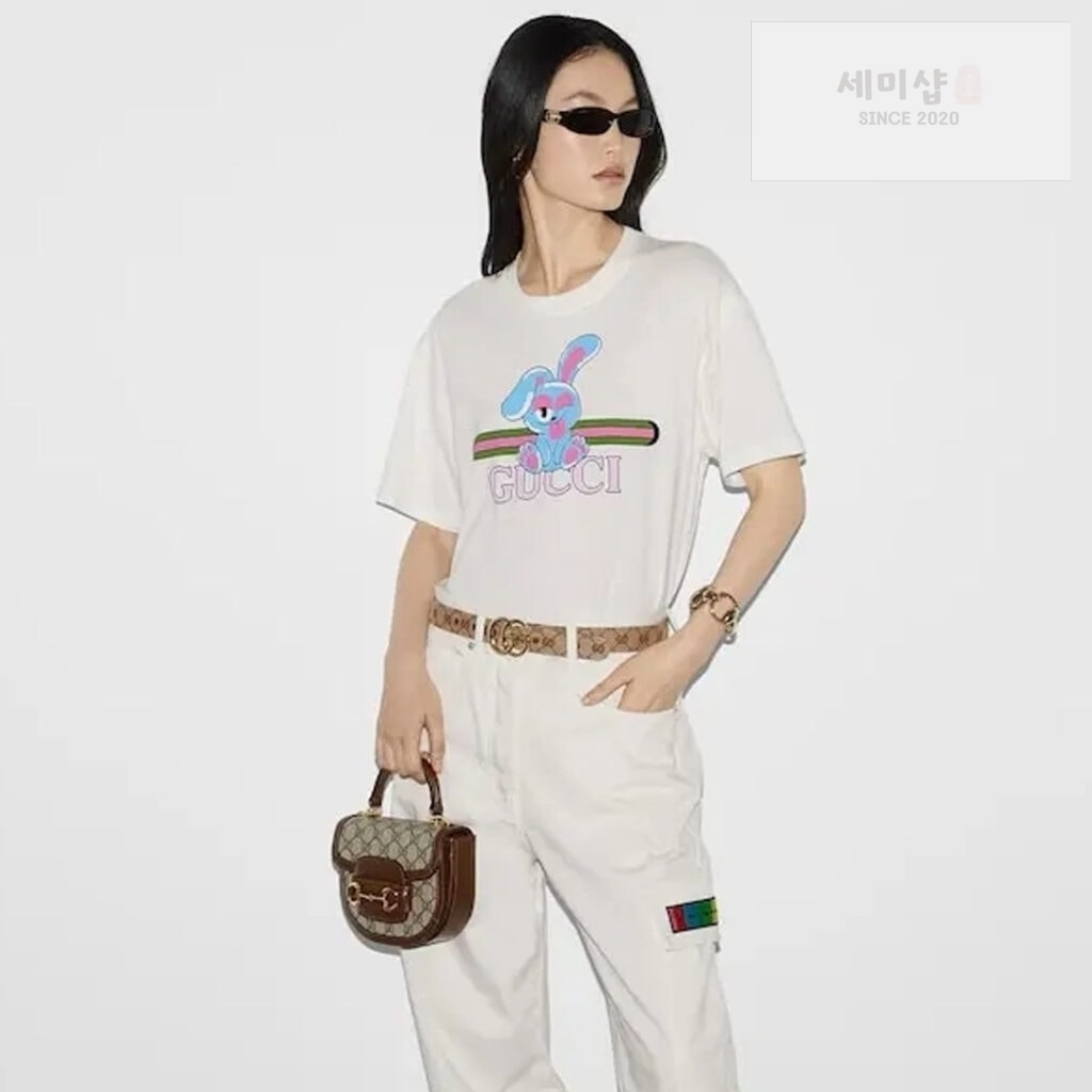Gucci 구찌 24SS 버니 웹 프린트 코튼 저지 반팔 티셔츠 화이트 의류 1번 이미지