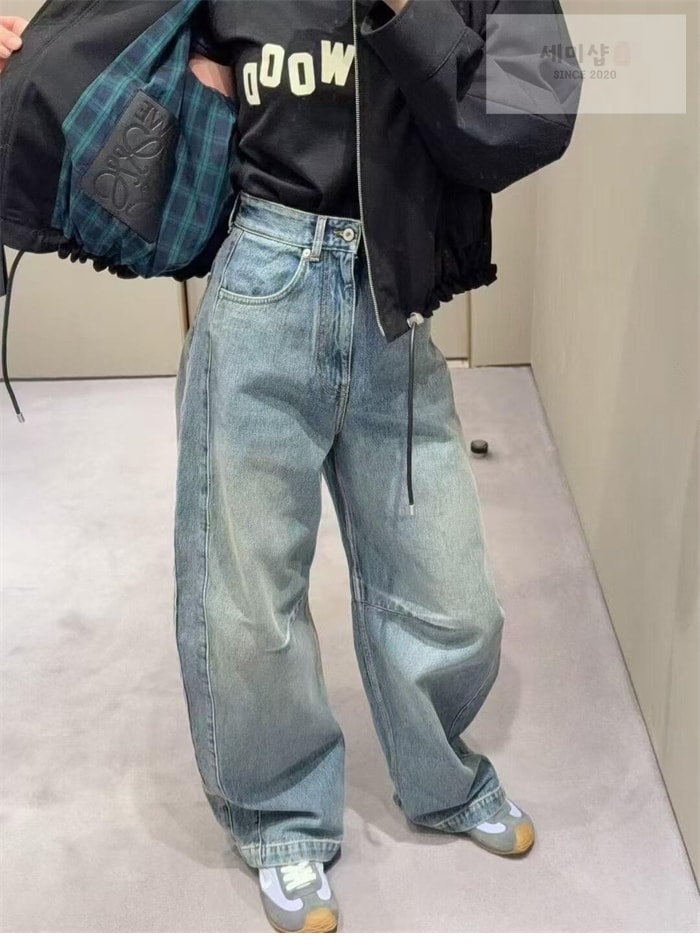 Loewe 로에베 아나그램 베럴 레그 워시드 와이드 데님 진 의류 1번 이미지