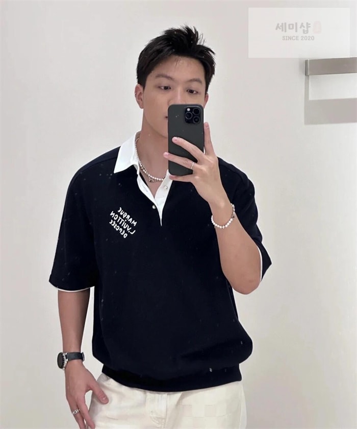 Louis Vuitton 루이비통 엠브로이더드 쇼트 슬리브드 코튼 블렌드 폴로 셔츠 네이비 의류 2번 이미지