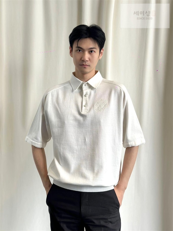 Louis Vuitton 루이비통 엠브로이더드 쇼트 슬리브드 코튼 블렌드 폴로 셔츠 네이비 의류 4번 이미지
