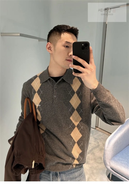 Miu Miu 미우미우 로고 아가일 캐시미어 폴로 셔츠 의류 3번 이미지