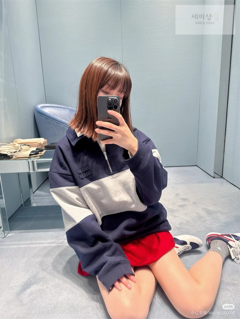 Miu Miu 미우미우 로고 자수 오버사이즈 하프 집업 코튼 스웨트셔츠 맨투맨 의류 1번 이미지