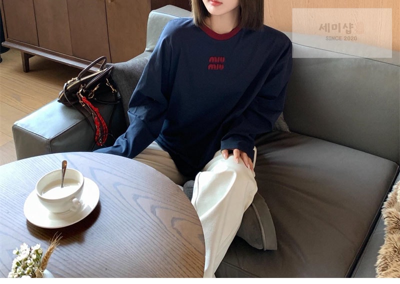 미우미우 미우미우 로고 자수 코튼 저지 긴팔 티셔츠 의류 3번 이미지