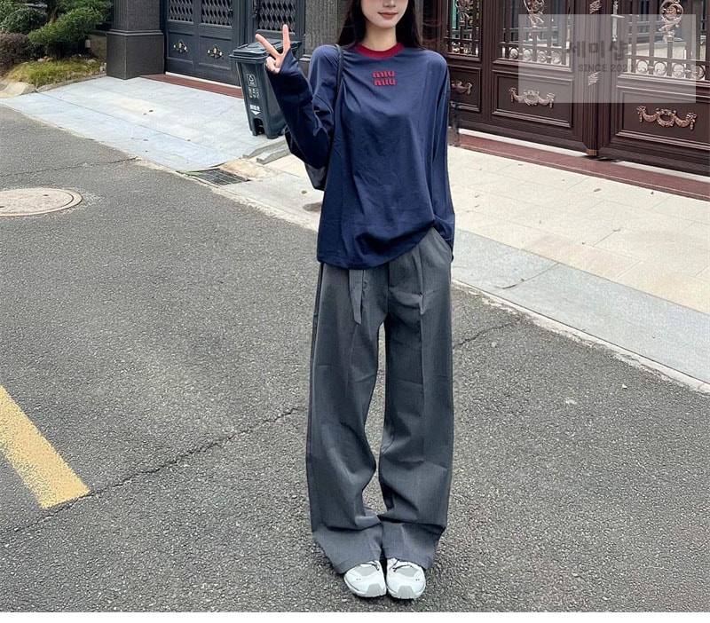 미우미우 미우미우 로고 자수 코튼 저지 긴팔 티셔츠 의류 9번 이미지