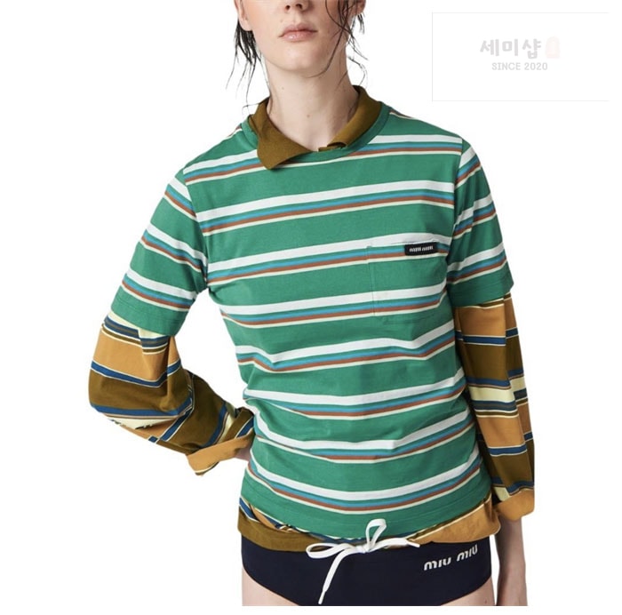 Miu Miu 미우미우 로고 패치 스트라이프 반팔 티셔츠 의류 3번 이미지