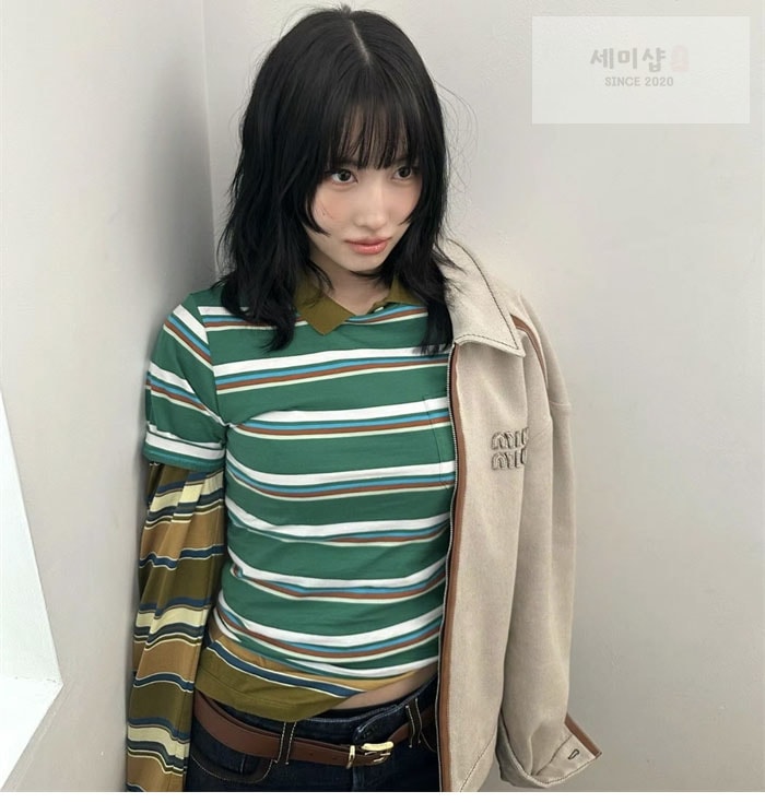 Miu Miu 미우미우 로고 패치 스트라이프 반팔 티셔츠 의류 5번 이미지