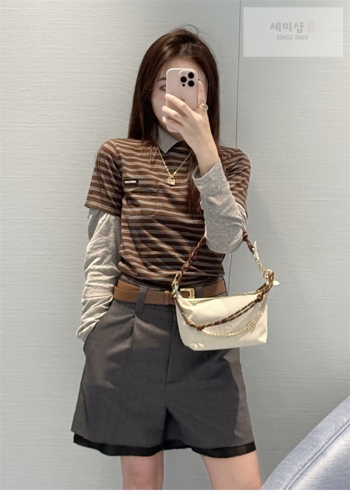 Miu Miu 미우미우 스트라이프 로고 패치 슬림핏 반팔 티셔츠 의류 4번 이미지
