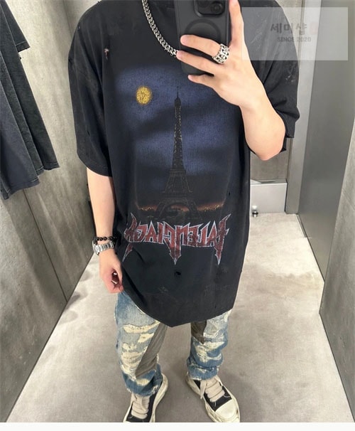 Balenciaga 발렌시아가 파리 문 오버사이즈 티셔츠 블랙 페이디드 의류 3번 이미지
