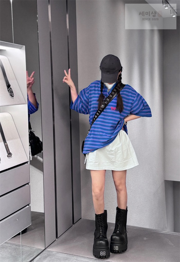 Balenciaga 발렌시아가 BB 로렐 스트라이프 코튼 폴로 셔츠 블루 의류 3번 이미지