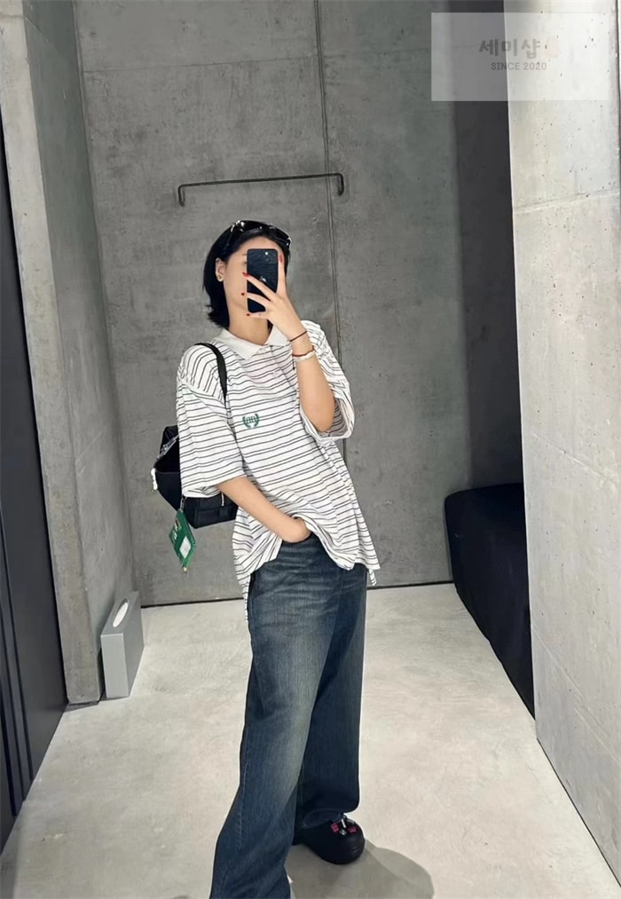 Balenciaga 발렌시아가 BB 로렐 스트라이프 코튼 폴로 셔츠 블루 의류 5번 이미지