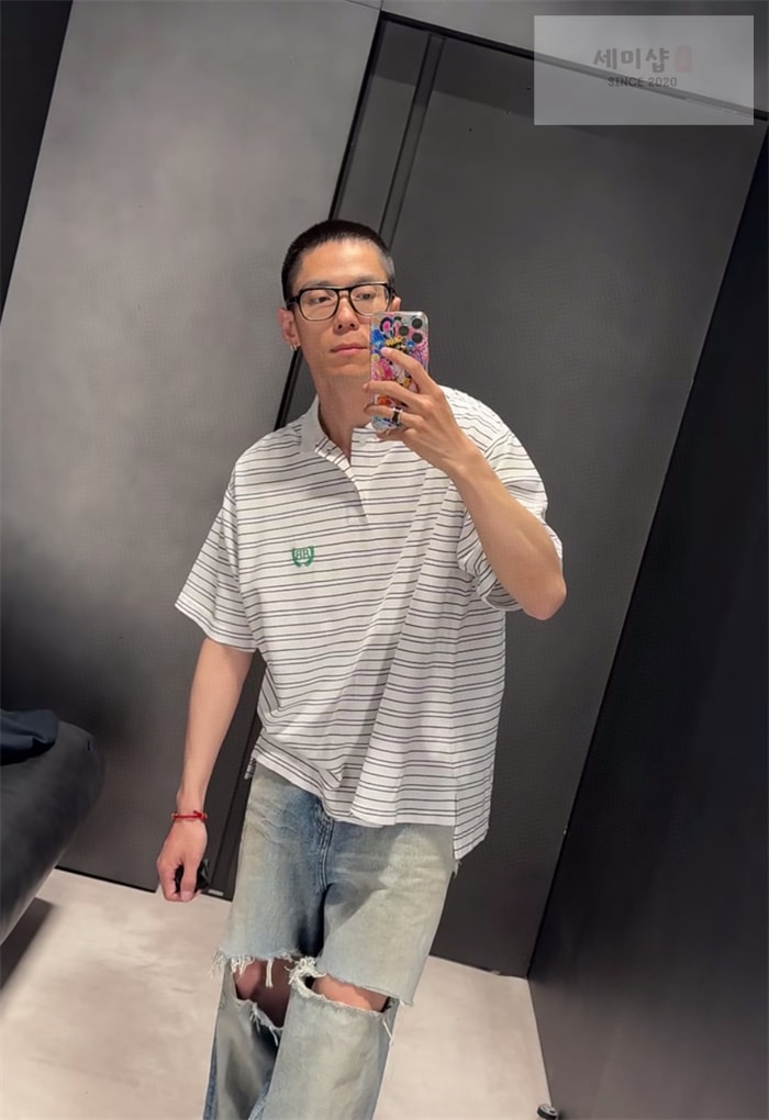 Balenciaga 발렌시아가 BB 로렐 스트라이프 코튼 폴로 셔츠 블루 의류 6번 이미지