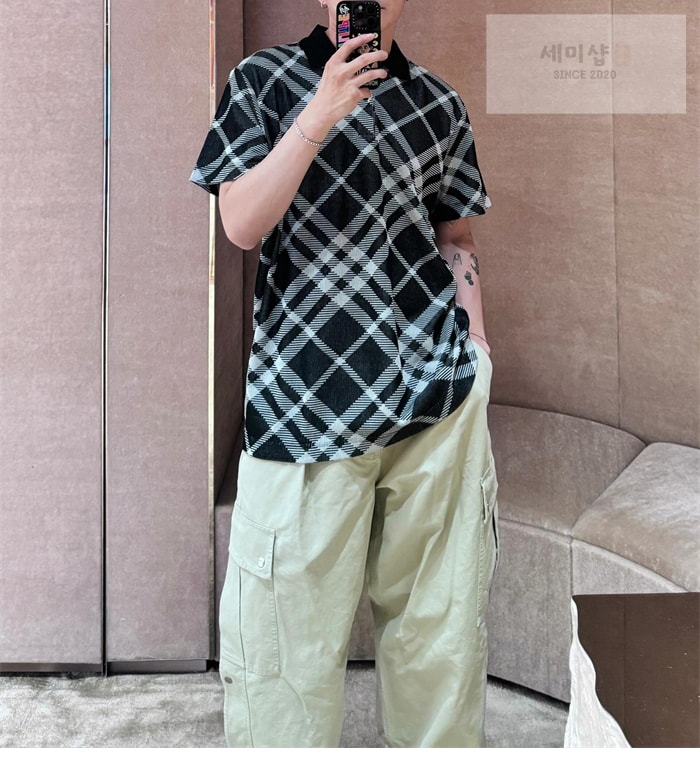 Burberry 버버리 체크 스트레치 코튼 블렌드 폴로셔츠 카키 의류 3번 이미지