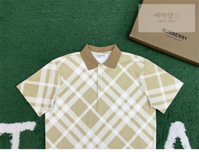Burberry 버버리 체크 스트레치 코튼 블렌드 폴로셔츠 카키 의류 16번 이미지
