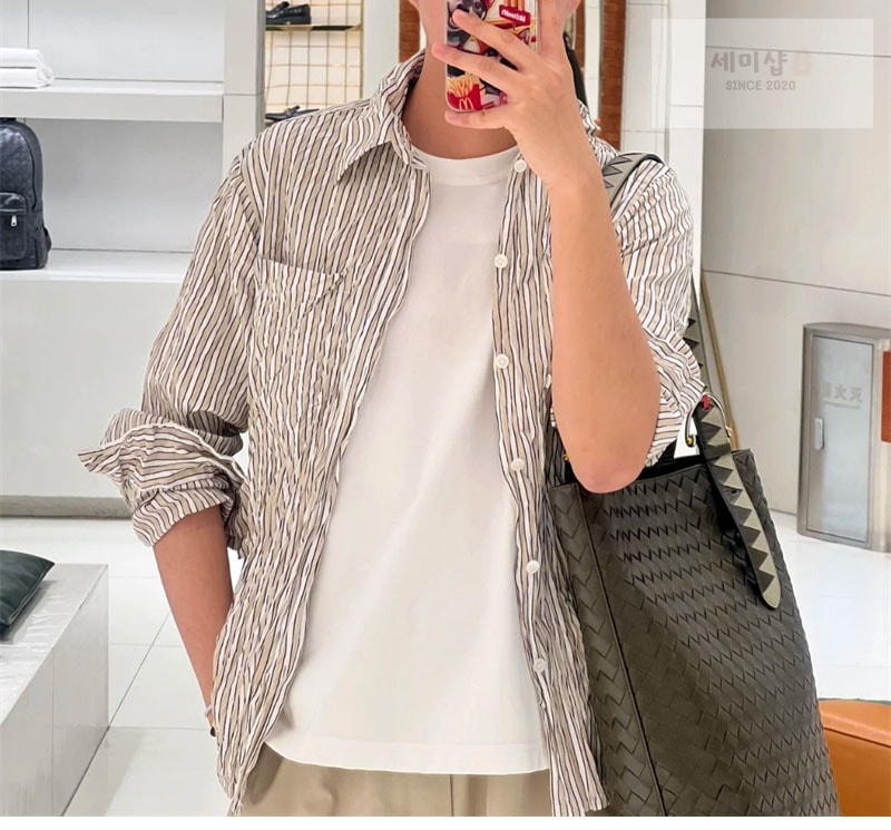 Bottega Veneta 보테가베네타 크러쉬드 테크 포플린 셔츠 베이지 의류 18번 이미지