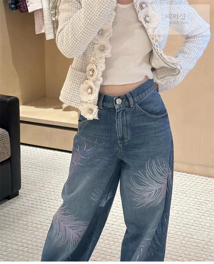 C H A N E L 샤넬 25SS 시폰 케이프 페더 모티프 자수 데님 진 의류 1번 이미지
