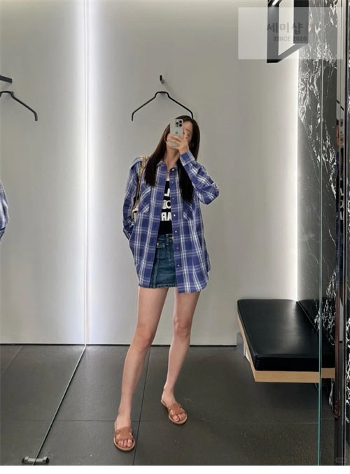 C E L I N E 셀린느 체크 캐주얼 견장 롱 셔츠 남방 블루 의류 1번 이미지