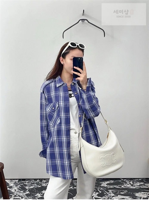 C E L I N E 셀린느 체크 캐주얼 견장 롱 셔츠 남방 블루 의류 2번 이미지
