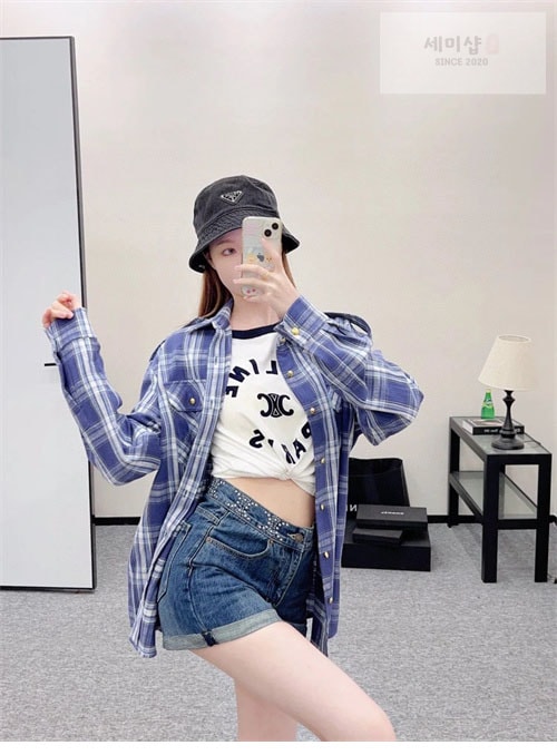C E L I N E 셀린느 체크 캐주얼 견장 롱 셔츠 남방 블루 의류 3번 이미지