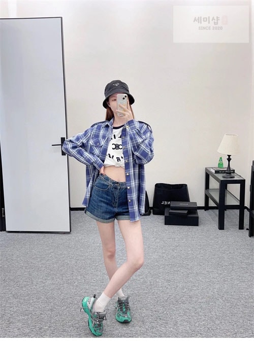 C E L I N E 셀린느 체크 캐주얼 견장 롱 셔츠 남방 블루 의류 4번 이미지