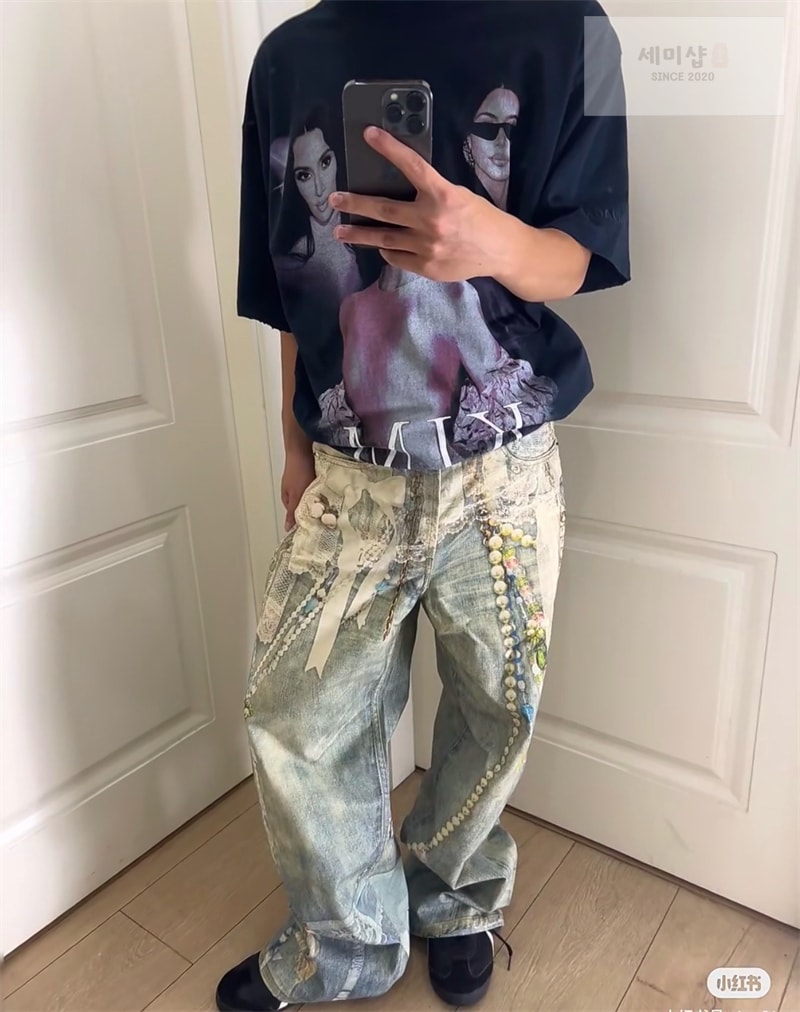 Acne Studios 아크네 스택 벨트 프린트 1981 배기 데님 진 의류 12번 이미지