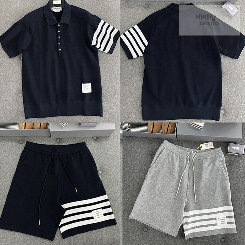 Thom Browne 톰브라운 사선완장 와플 반팔 폴로 셔츠&스웨트 반바지 네이비 의류 1번 이미지
