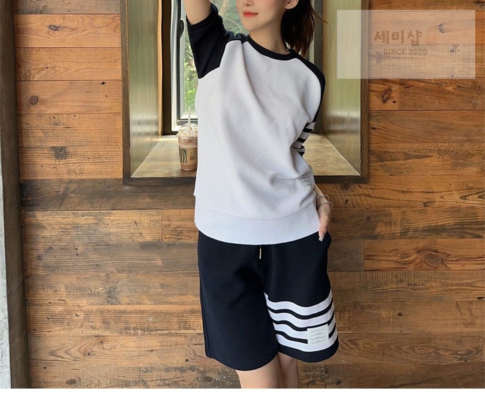 Thom Browne 톰브라운 사선완장 와플 반팔 폴로 셔츠&스웨트 반바지 네이비 의류 3번 이미지