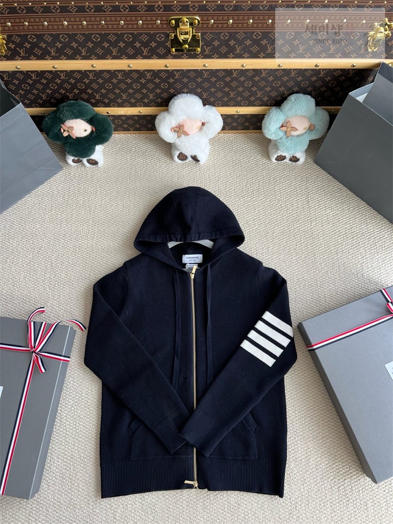 Thom Browne 톰브라운 사선완장 4-Bar 리넨 코튼 후드 집업 네이비 의류 23번 이미지