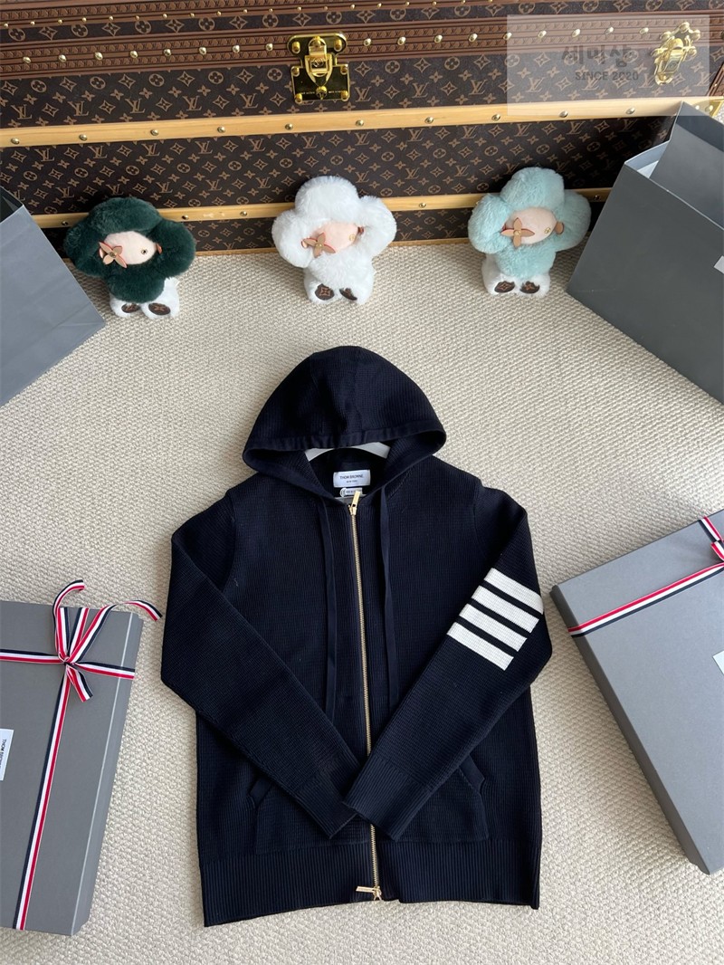 Thom Browne 톰브라운 사선완장 4-Bar 리넨 코튼 후드 집업 네이비 의류 24번 이미지