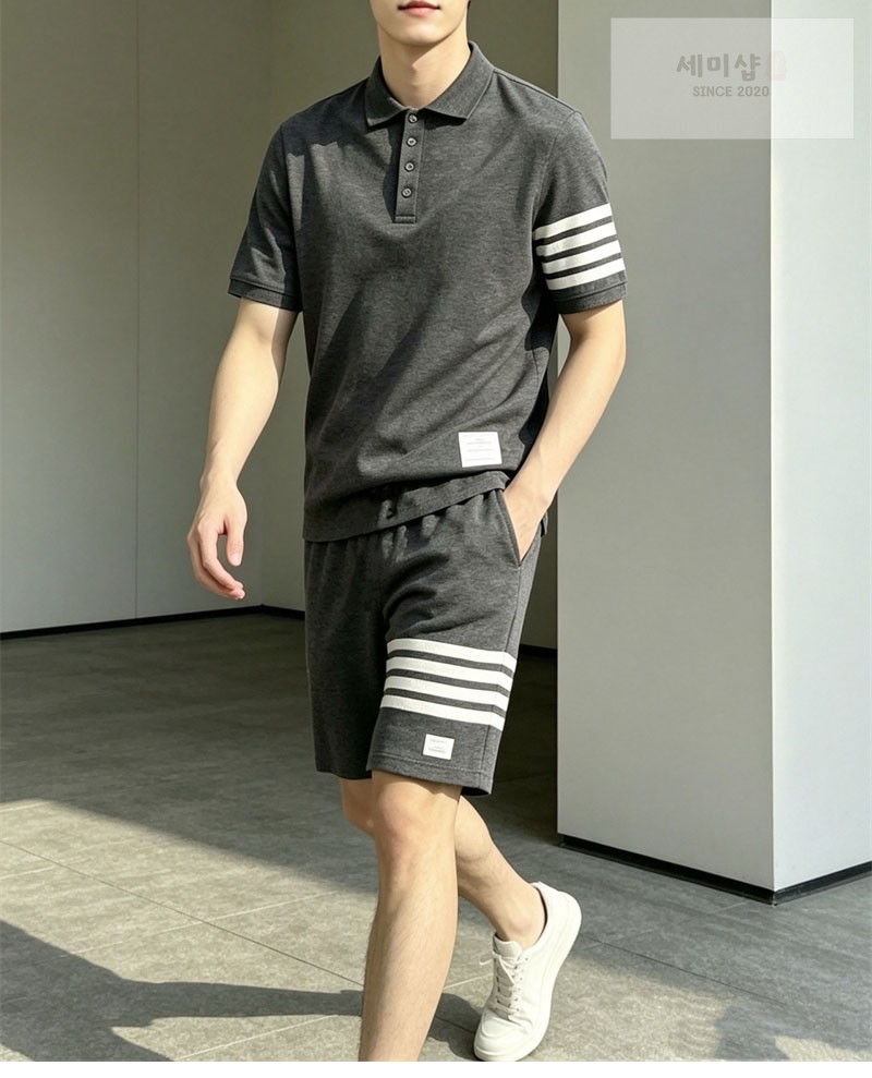 Thom Browne 톰브라운 사선완장 4-Bar 울 저지 폴로 셔츠 & 팬츠 세트 다크 그레이 의류 3번 이미지