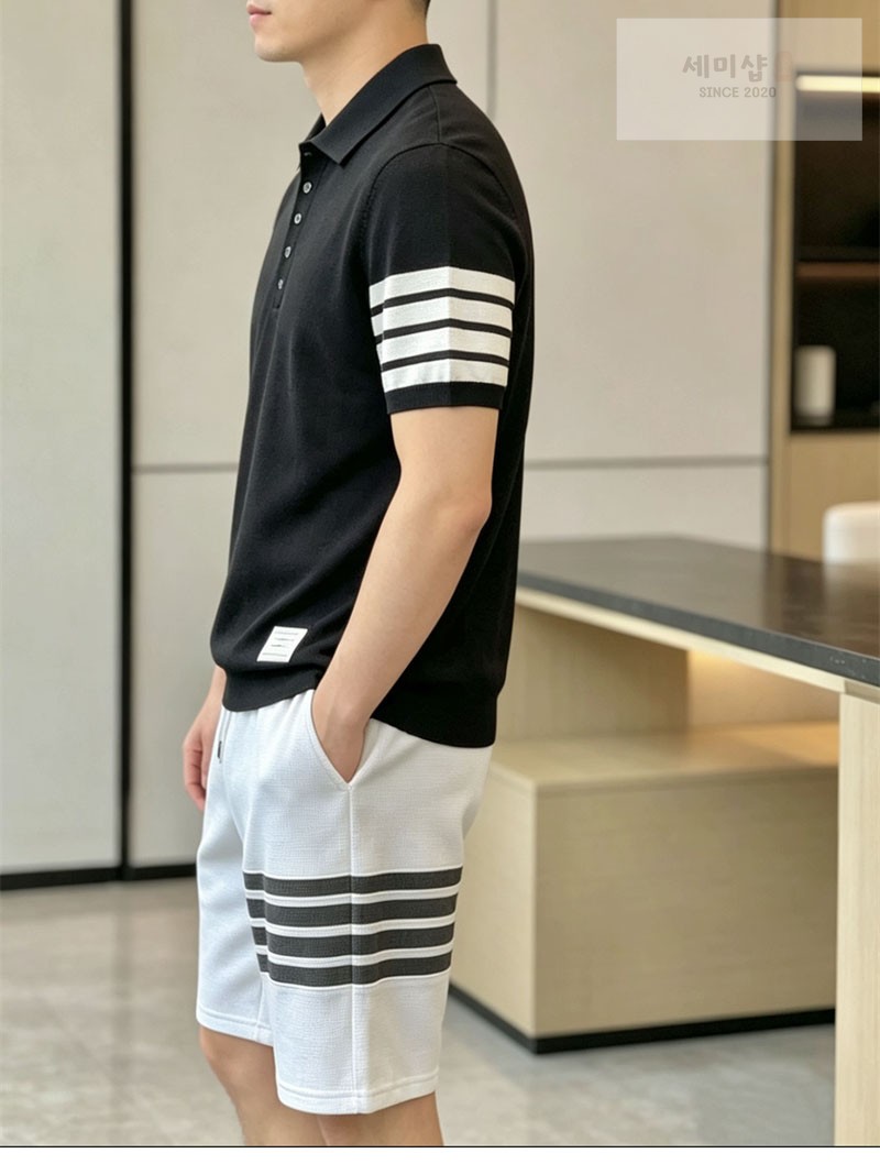 Thom Browne 톰브라운 사선완장 4-Bar 울 저지 폴로 셔츠 & 팬츠 세트 다크 그레이 의류 4번 이미지