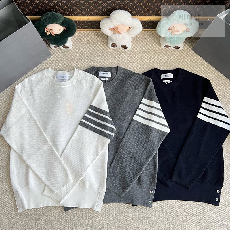 Thom Browne 톰브라운 사선완장 4-Bar 코튼 크루넥 니트 스웨터 네이비 의류 1번 이미지