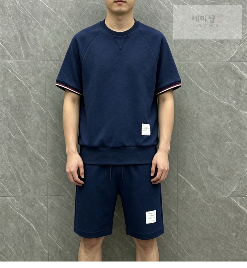 Thom Browne 톰브라운 RWB 코튼 피케 루프백 반팔 풀오버 스웨트셔츠 그레이 의류 4번 이미지