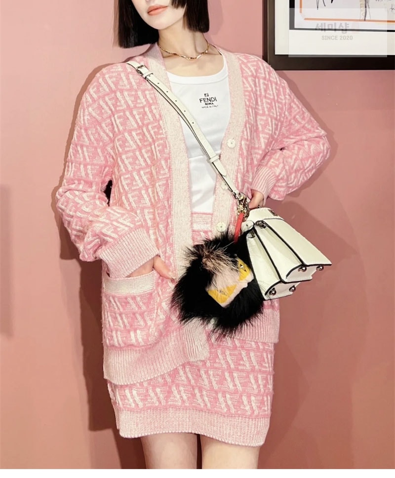 Fendi 펜디 FF 로고 캐시미어 울 가디건 & 미니 스커트 핑크 의류 3번 이미지