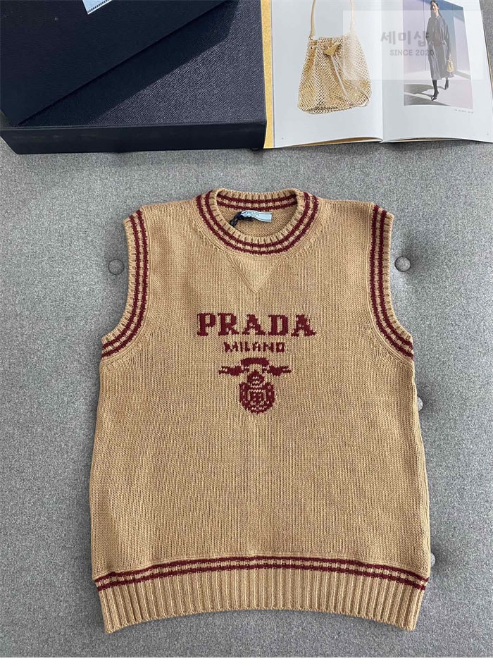 P R A D A 프라다 로고 울 앤 캐시미어 인따르시아 리브드 베스트 의류 5번 이미지