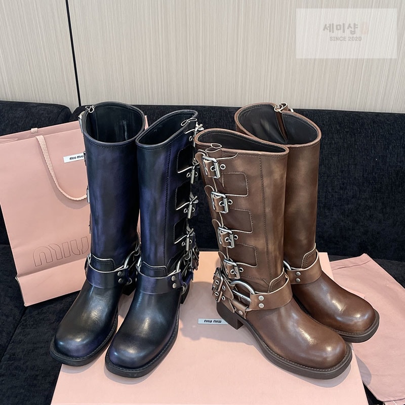 Miu Miu 미우미우 스트랩 버클 레더 바이커 부츠 브라운 신발 1번 이미지
