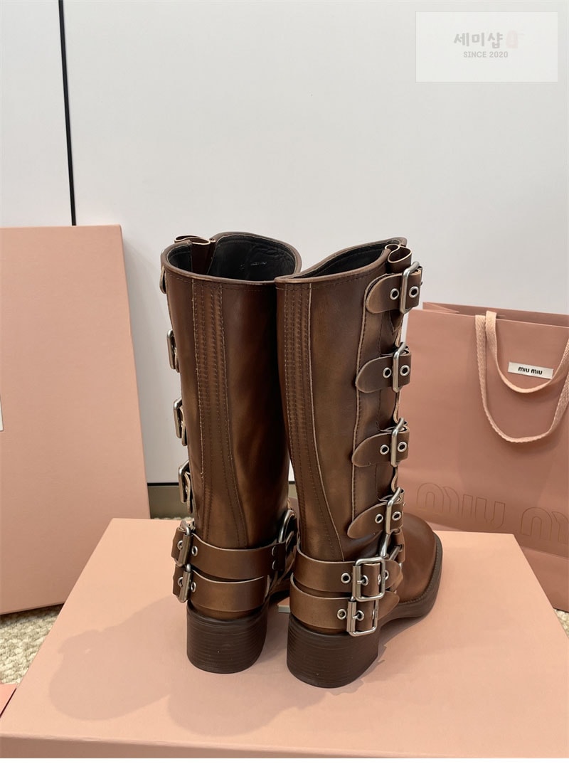 Miu Miu 미우미우 스트랩 버클 레더 바이커 부츠 브라운 신발 8번 이미지
