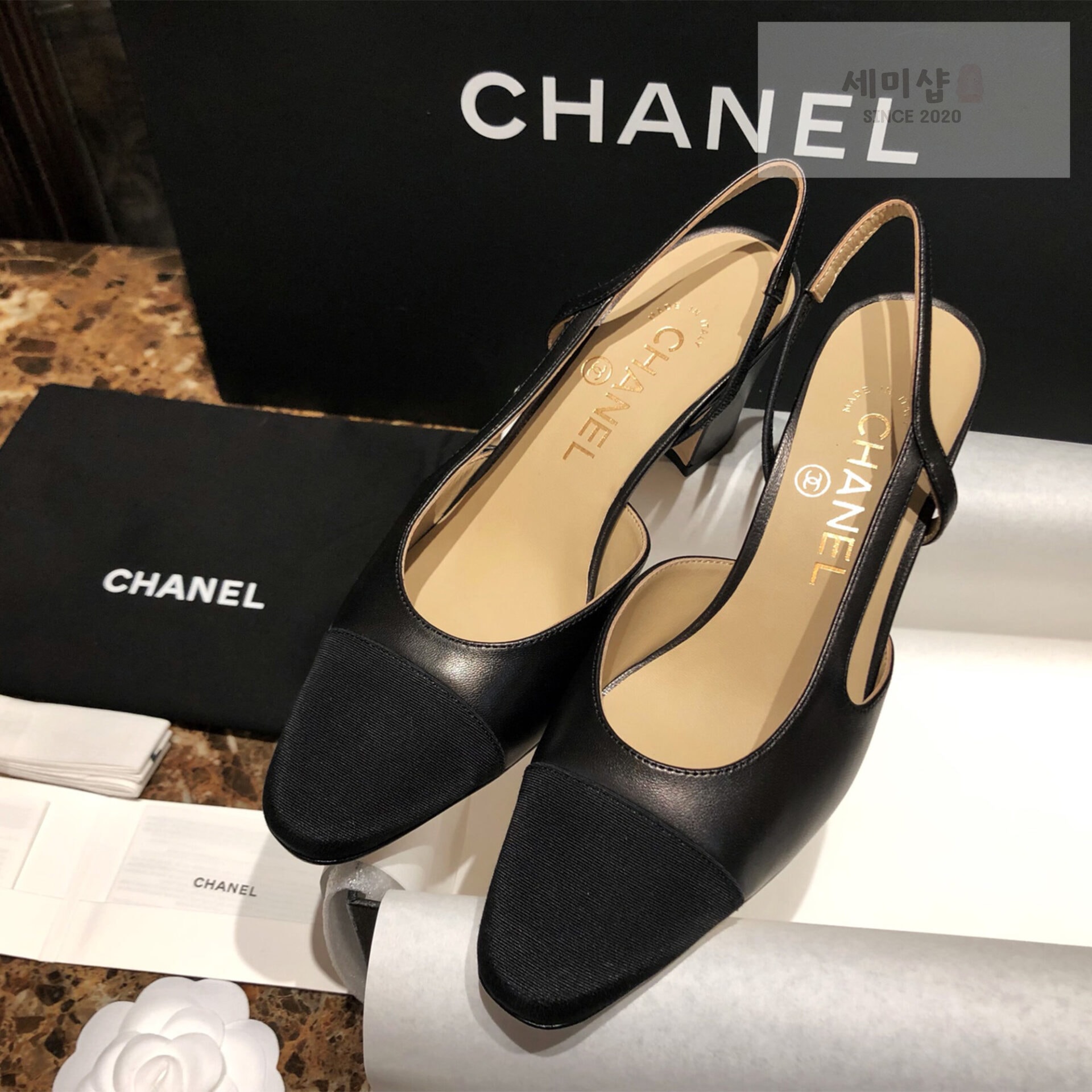 C H A N E L 샤넬 블랙 고트스킨 그로그랭 슬링백 플랫 슈즈 “34SIZE – 41SIZE” 신발 1번 이미지