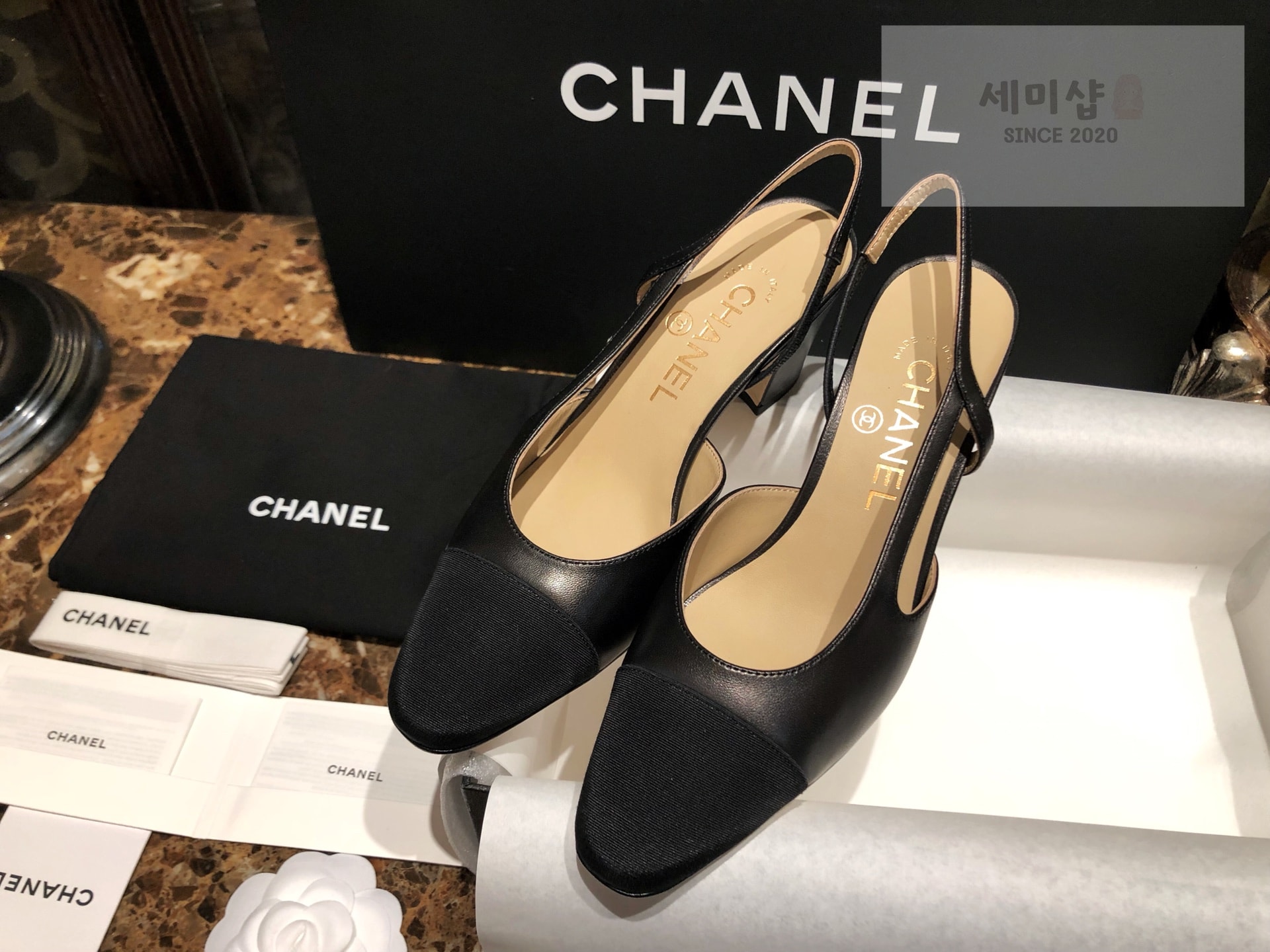 C H A N E L 샤넬 블랙 고트스킨 그로그랭 슬링백 플랫 슈즈 “34SIZE – 41SIZE” 신발 2번 이미지