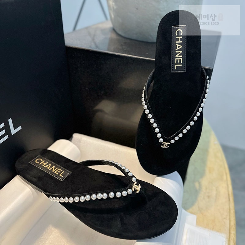 C H A N E L 샤넬 25c CC로고 진주 벨벳 뮬 플립플랍 쪼리 슬리퍼 신발 1번 이미지