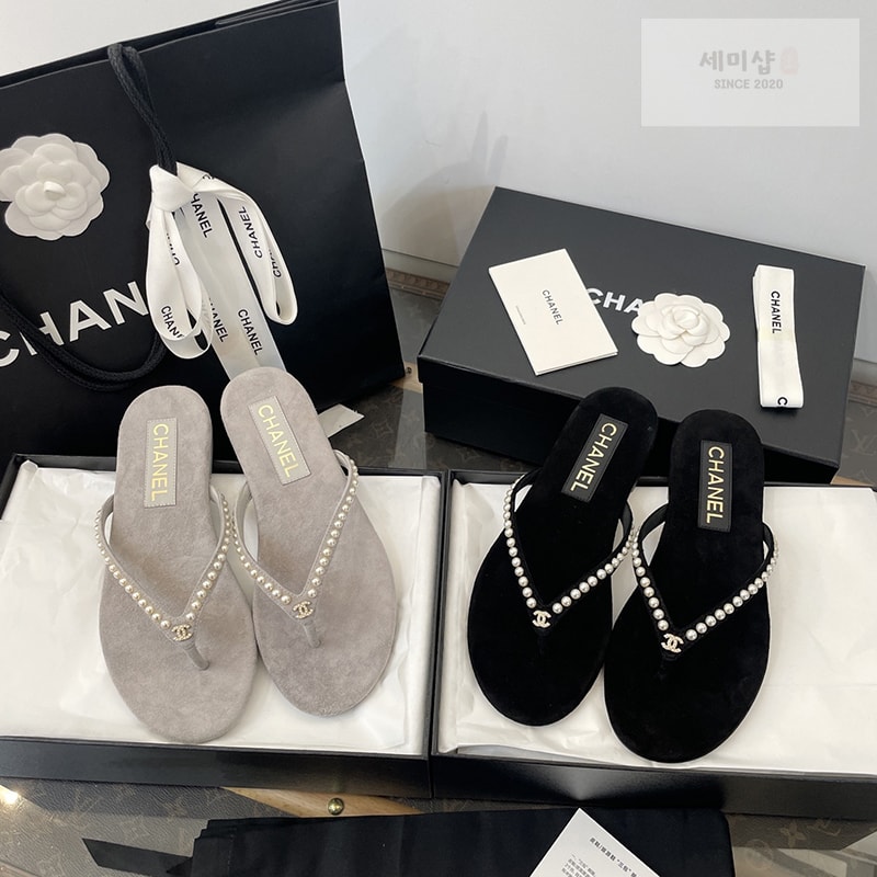 C H A N E L 샤넬 cc로고 진주 벨벳 뮬 플립플랍 쪼리 블랙 신발 1번 이미지