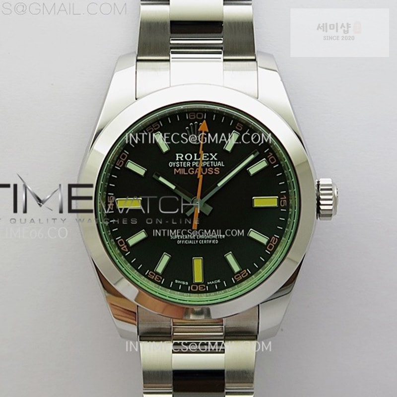 Rolex VS공장 롤렉스 밀가우스 블랙다이얼 브레이슬릿 Milgauss 116400 GV Real Green Sapphire 904L SS VSF 1_1 Best Edition Black Dial on 904L SS Bracelet SA3131 시계 1번 이미지
