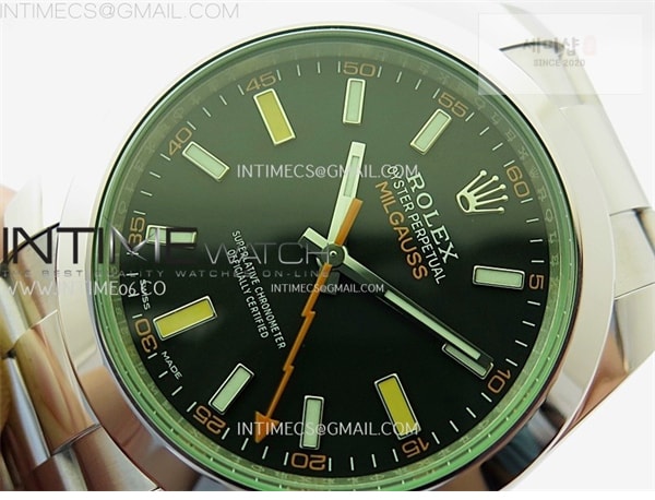 Rolex VS공장 롤렉스 밀가우스 블랙다이얼 브레이슬릿 Milgauss 116400 GV Real Green Sapphire 904L SS VSF 1_1 Best Edition Black Dial on 904L SS Bracelet SA3131 시계 9번 이미지