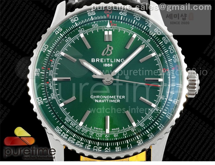 Breitling TF공장 브라이틀링 내비타이머 41 그린다이얼 블랙가죽스트랩 Navitimer 41 SS TF 1_1 Best Edition Green Dial on Black Leather Strap A2824 시계 6번 이미지