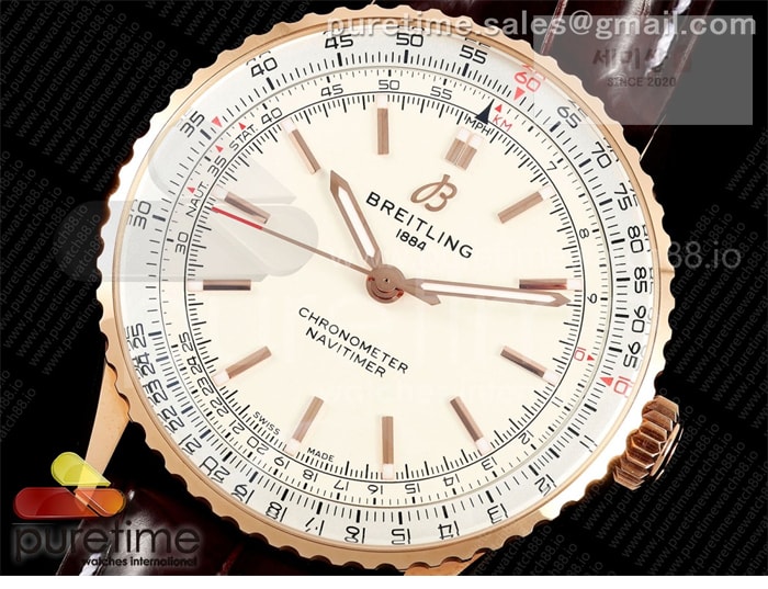 Breitling TF공장 브라이틀링 내비타이머 41 로즈골드금통 화이트다이얼 브라운가죽스트랩 Navitimer 41 RG TF 1_1 Best Edition White Dial RG Bezel on Brown Leather Strap A2824 시계 2번 이미지