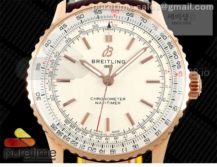 Breitling TF공장 브라이틀링 내비타이머 41 로즈골드금통 화이트다이얼 브라운가죽스트랩 Navitimer 41 RG TF 1_1 Best Edition White Dial RG Bezel on Brown Leather Strap A2824 시계 7번 이미지