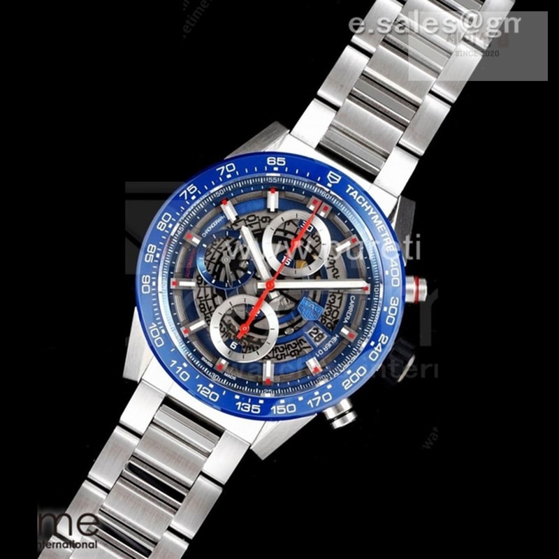 T A G Heuer XF공장 칼리버호이어 블루 43 스켈레톤다이얼 Calibre Heuer 01 Chrono 43mm Blue Ceramic SS XF 1_1 Best Edition Skeleton Dial on SS Bracelet A1887 시계 1번 이미지