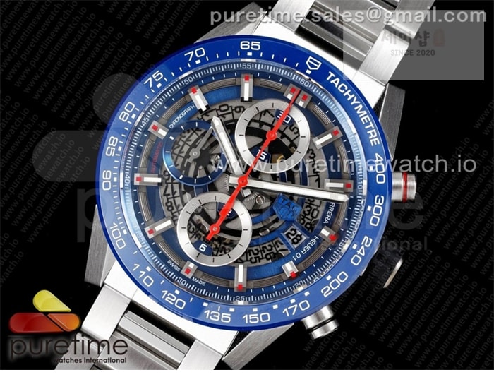 T A G Heuer XF공장 칼리버호이어 블루 43 스켈레톤다이얼 Calibre Heuer 01 Chrono 43mm Blue Ceramic SS XF 1_1 Best Edition Skeleton Dial on SS Bracelet A1887 시계 2번 이미지