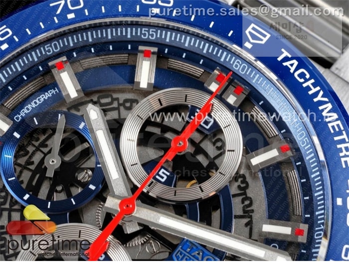 T A G Heuer XF공장 칼리버호이어 블루 43 스켈레톤다이얼 Calibre Heuer 01 Chrono 43mm Blue Ceramic SS XF 1_1 Best Edition Skeleton Dial on SS Bracelet A1887 시계 4번 이미지