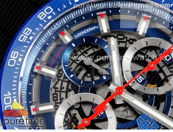 T A G Heuer XF공장 칼리버호이어 블루 43 스켈레톤다이얼 Calibre Heuer 01 Chrono 43mm Blue Ceramic SS XF 1_1 Best Edition Skeleton Dial on SS Bracelet A1887 시계 5번 이미지