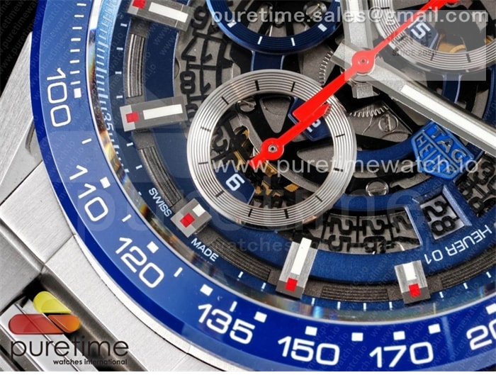 T A G Heuer XF공장 칼리버호이어 블루 43 스켈레톤다이얼 Calibre Heuer 01 Chrono 43mm Blue Ceramic SS XF 1_1 Best Edition Skeleton Dial on SS Bracelet A1887 시계 6번 이미지